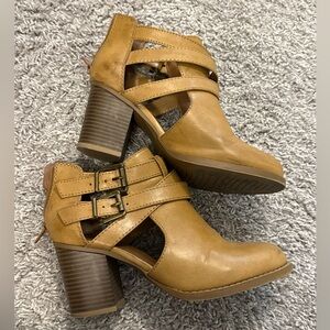 Tan Heeled Ankle Boots with Buckle Detail